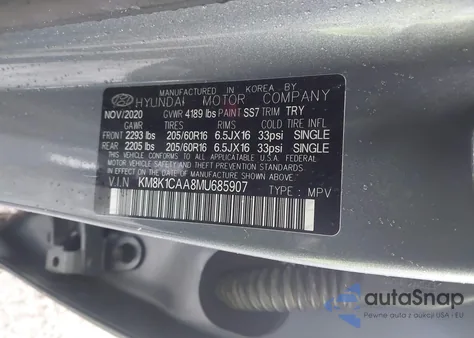 2021 Hyundai Kona Se from USA, damaged, VIN KM8K1CAA8MU685907